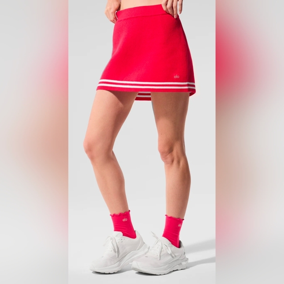 ALO Yoga Dresses & Skirts - Alo Size Large Sweater Skirt In Candy Red With White Stripes Lined With Shorts